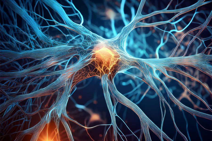 Das neuronale Netz einer Künstlichen Intelligenz in leuchtenden Farben